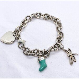 Tiffany & Co Sterling Silver 925 3 Charm Bracelet 8.25" Enamel Boot, Dragonfly